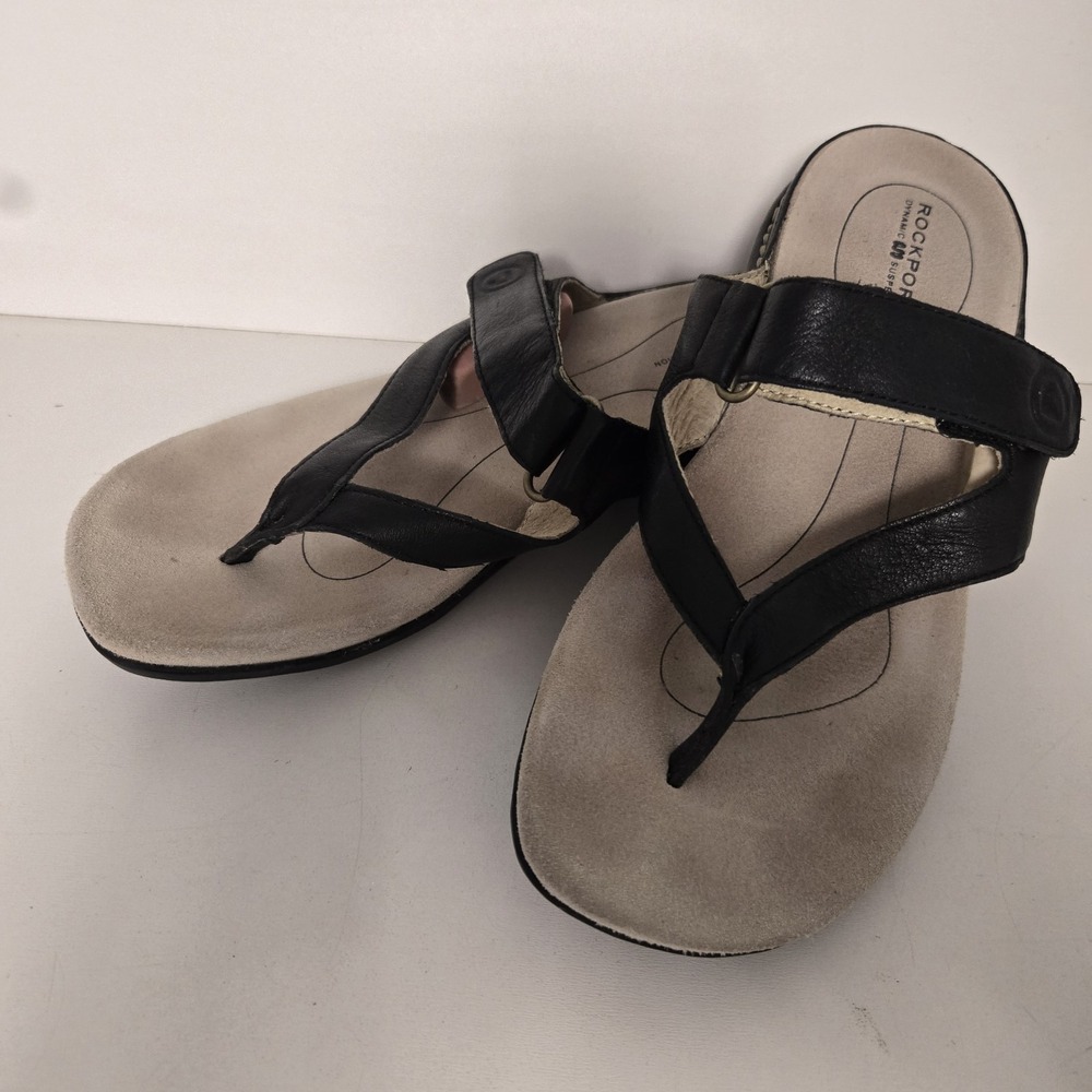 Rockport Sz 7.5 M Black Flip Flop Leather Women's Thong Adjustable Sandals 25921